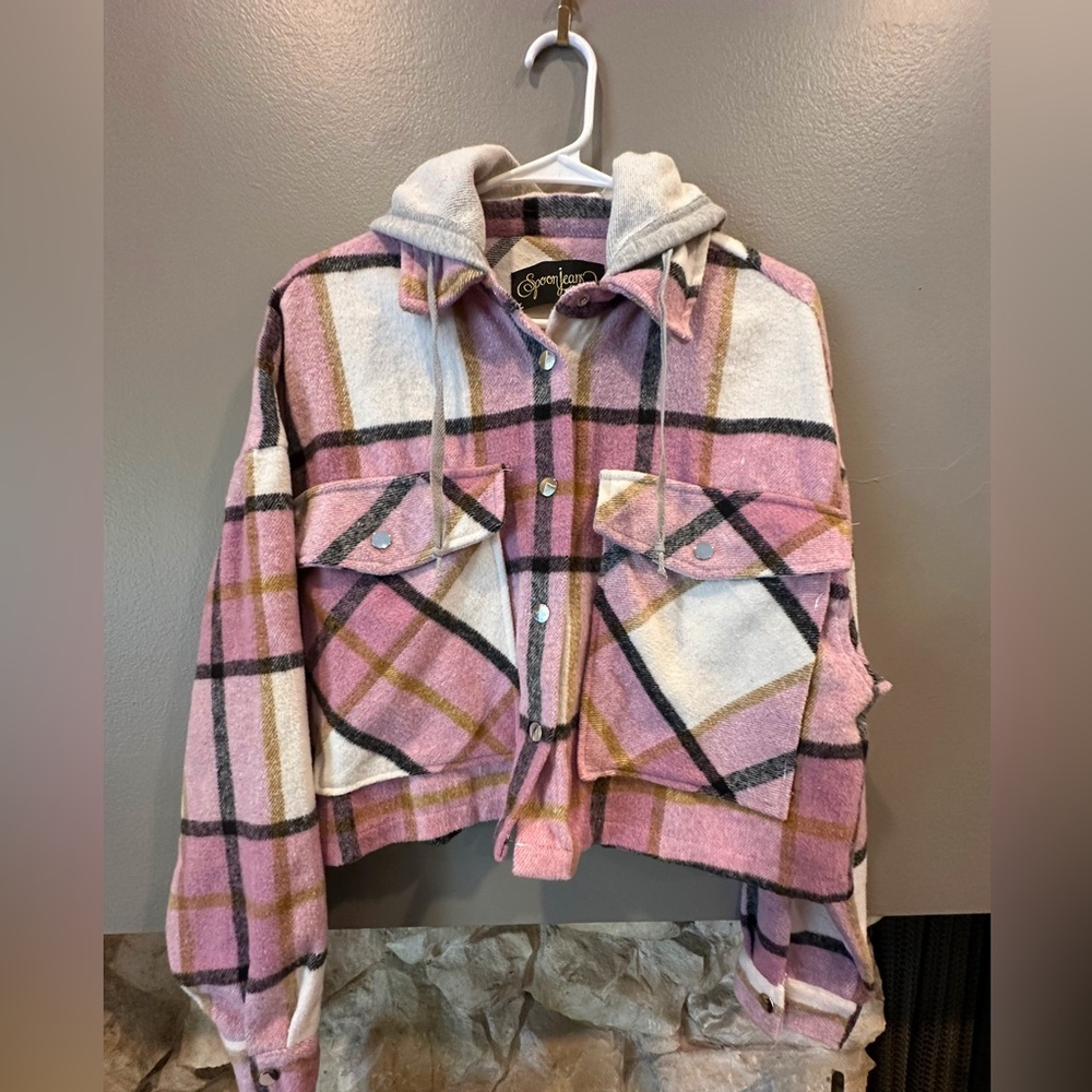 Pink Plaid Hooded Shirt Jacket